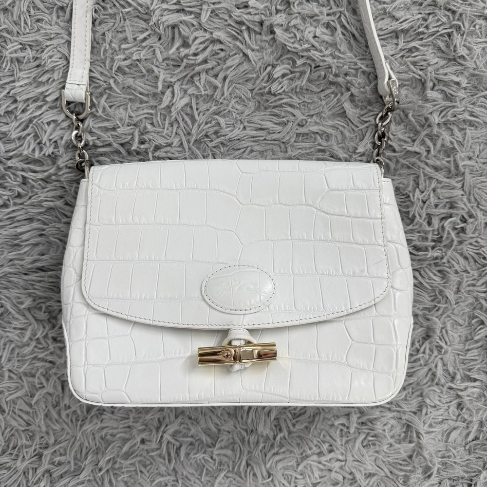 Longchamp Roseau White Croc Embossed Bamboo Clasp